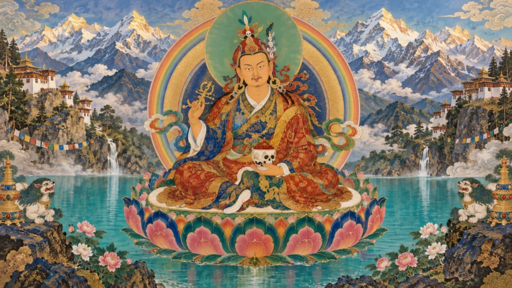 Guru Rinpoche sentado sobre una flor de loto en una pintura de estilo thangka.