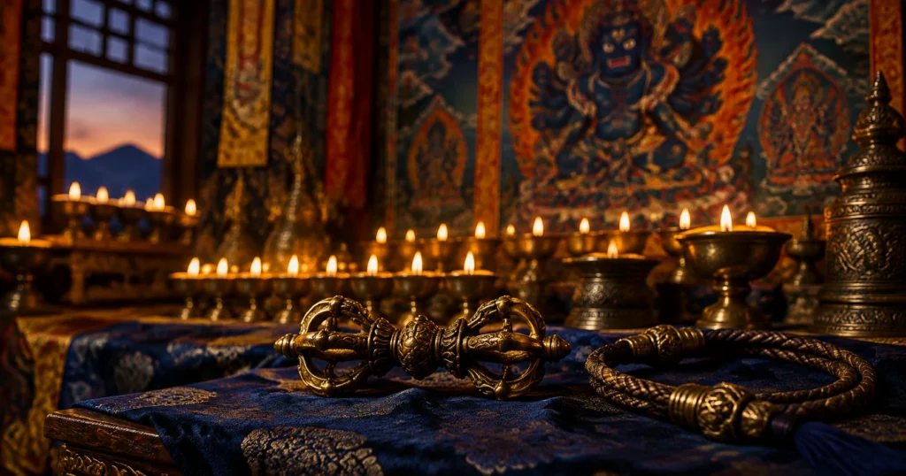 Vajra dorado sobre seda azul ante lámparas de mantequilla, símbolos de Vajrapani Bhutadamara
