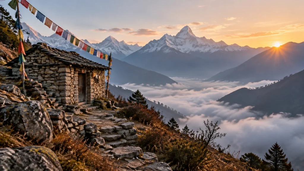 Small stone retreat hut on a Himalayan mountainside at dawn, prayer flags moving in the wind, mist in the valley below, solitary and peaceful atmosphere, no people, landscape editorial photography, 16:9