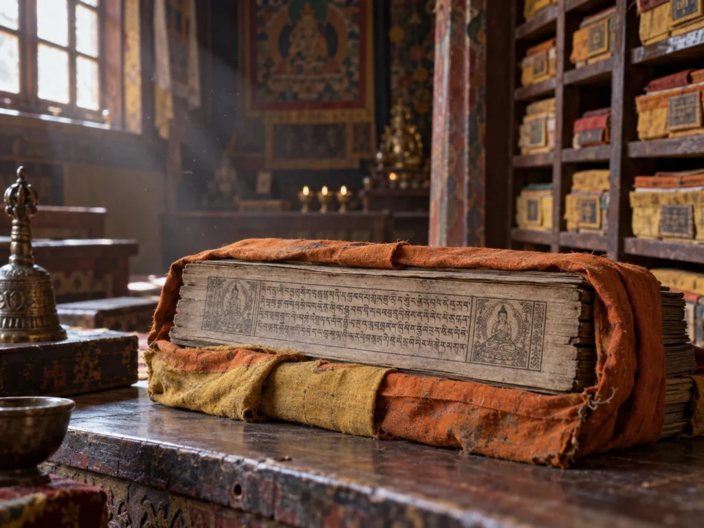 Textos tibetanos tradicionales envueltos en tela en la biblioteca de un monasterio